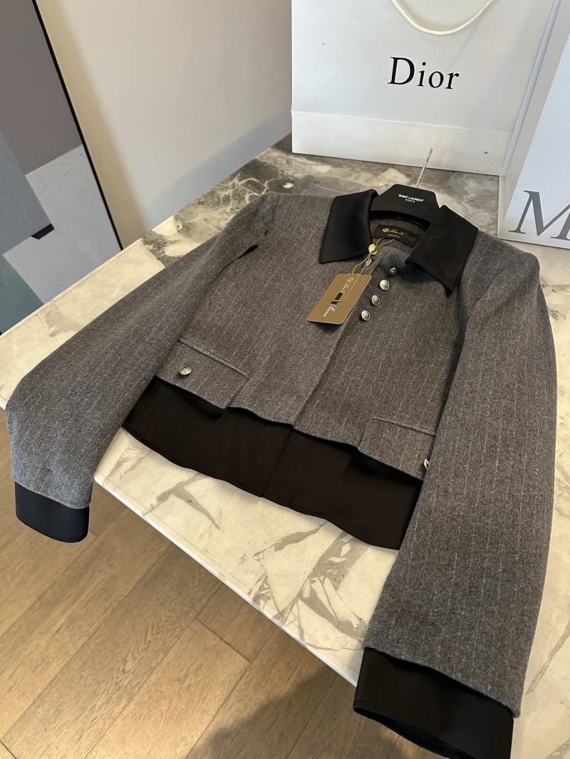Loro Piana Wool Striped Short Blazer in Matte Grey with Satin Contrast