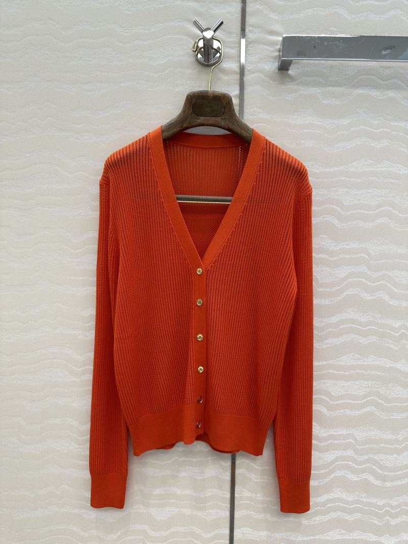 Loro Piana Silk-Cotton Blend V-Neck Pointelle Knit Cardigan in Poppy Orange