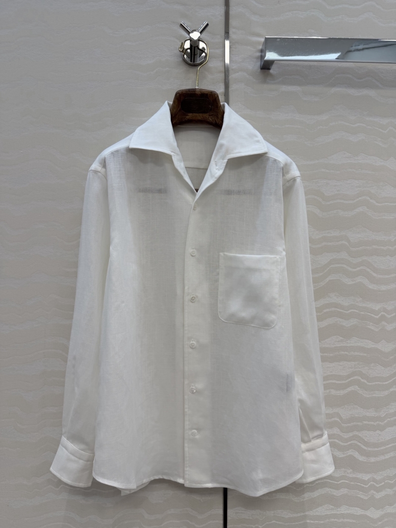 Loro Piana Signature Imported Linen Long-Sleeved Shirt with Leather Accents in White