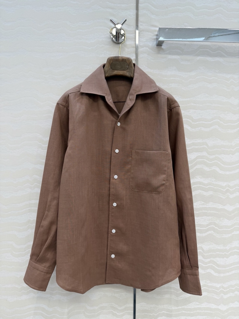 Loro Piana Imported Linen Single-Pocket Shirt in Tobacco Brown