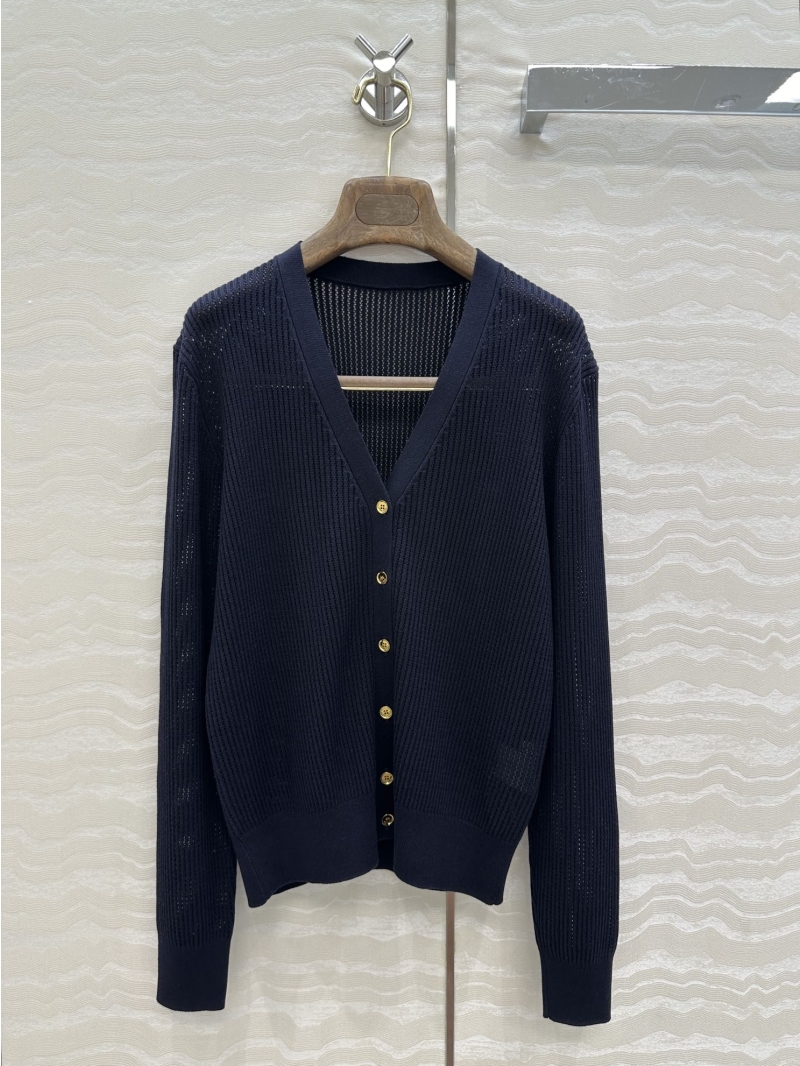 Loro Piana Sumptuous Silk-Cotton Pointelle Knit V-Neck Cardigan in Navy Blue