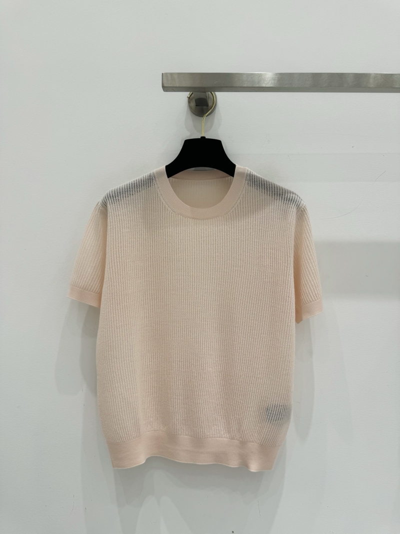 Loro Piana Pale Blush Textured Knit Short-Sleeved Sweater Tee