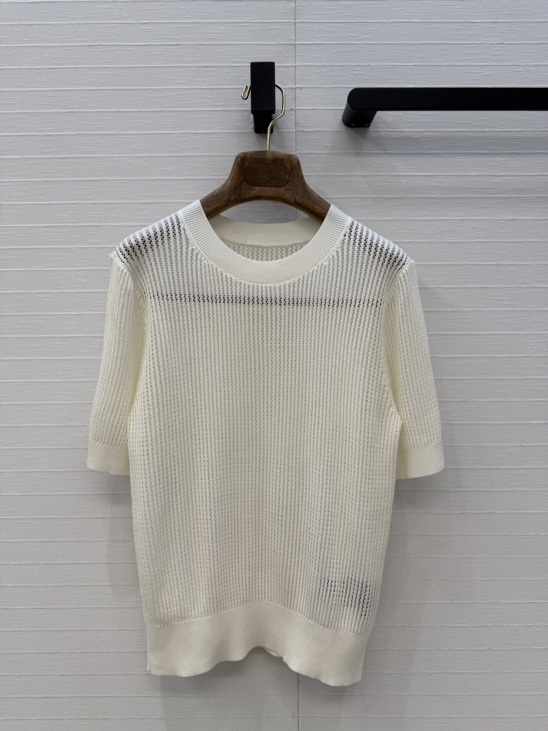 Loro Piana Tencel-Cotton Pointelle Knit Short-Sleeved Top in Cream