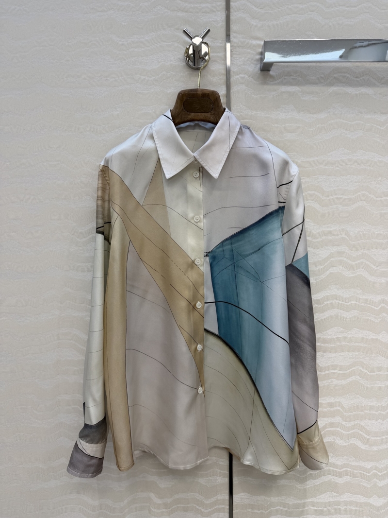 Loro Piana 100% Silk Twill Watercolor Ink-Wash Print Long-Sleeved Shirt in Cream and Teal