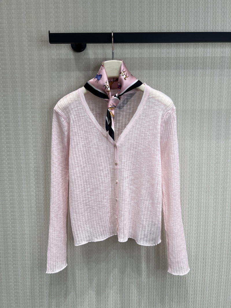 Loro Piana Mist Pink Ribbed Knit Cardigan with Detachable Equestrian Silk Scarf