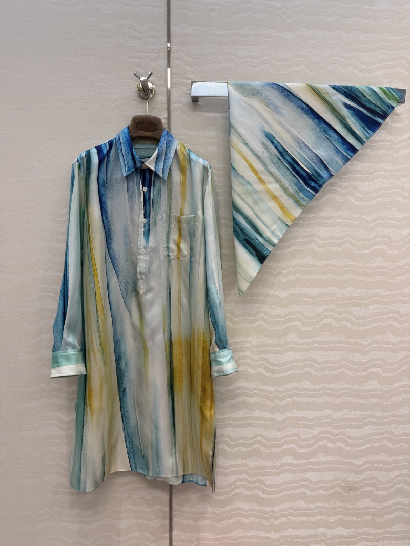 Loro Piana 100% Silk Twill Watercolor Ink-Wash Print Shirt Dress with Matching Scarf