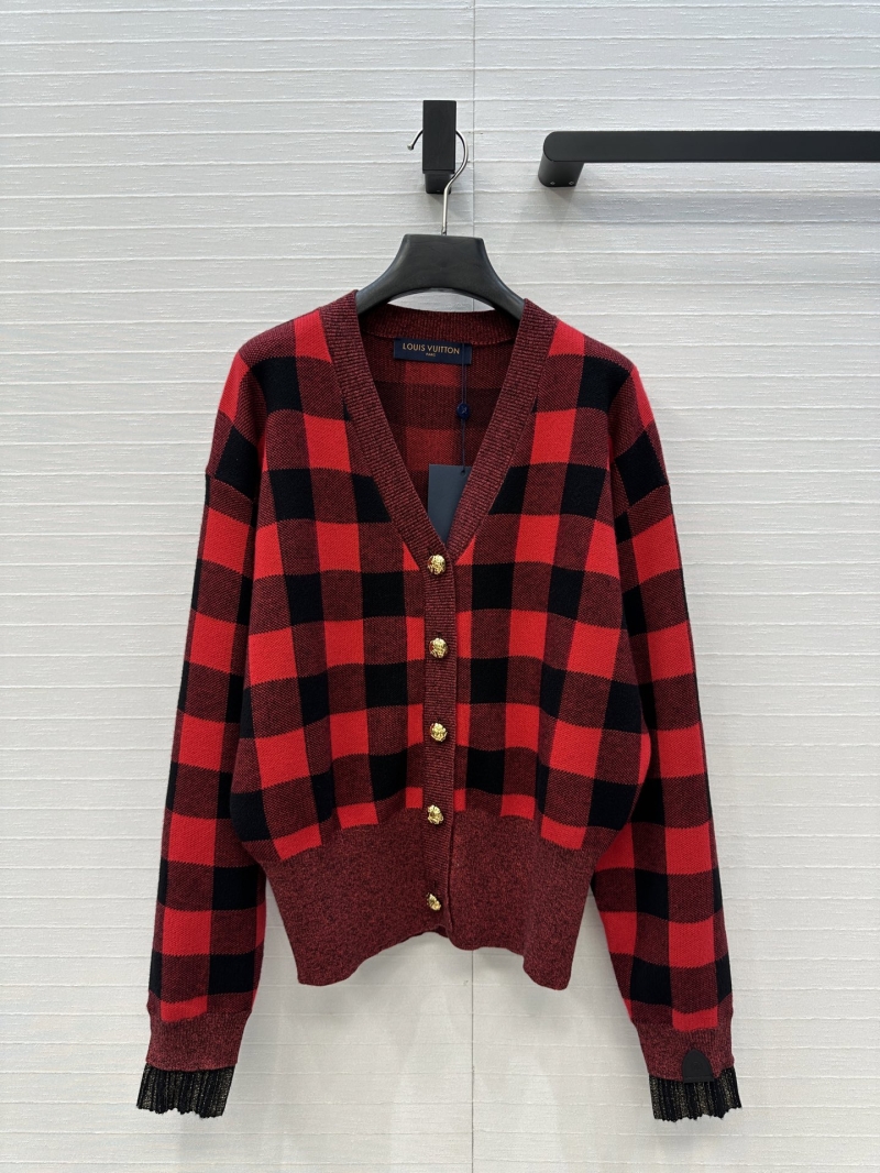 Louis Vuitton Fall/Winter 2025 Retro Red and Black Checkered Knit Cardigan with Metallic Trim and Ribbed Sleeve Detail