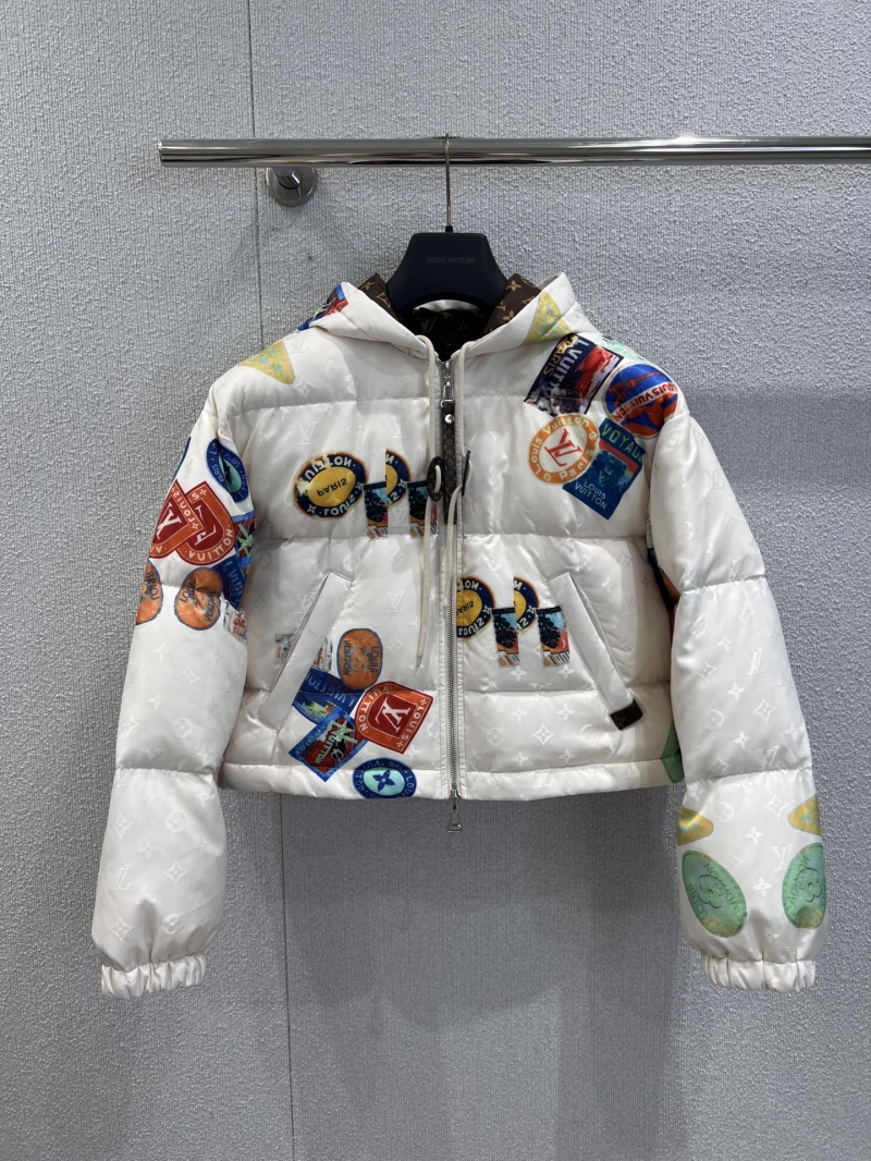 Louis Vuitton 25Fw Exclusive White Puffer Jacket with Colorful Flight Stamp Print