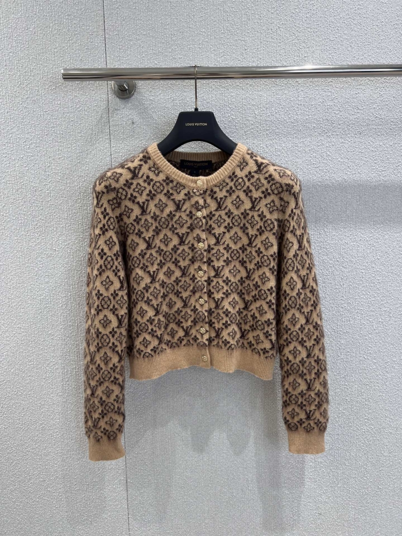 Louis Vuitton Monogram Cashmere Blend Round Neck Cardigan in Light Beige & Brown