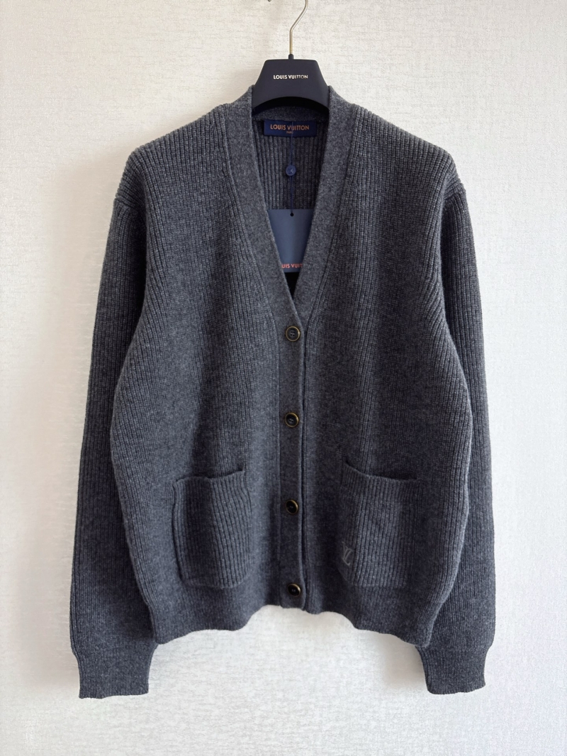 Louis Vuitton New Arrival Anthracite Gray V-Neck Ribbed Knit Cardigan with Embroidered Pocket - Oversized Fit