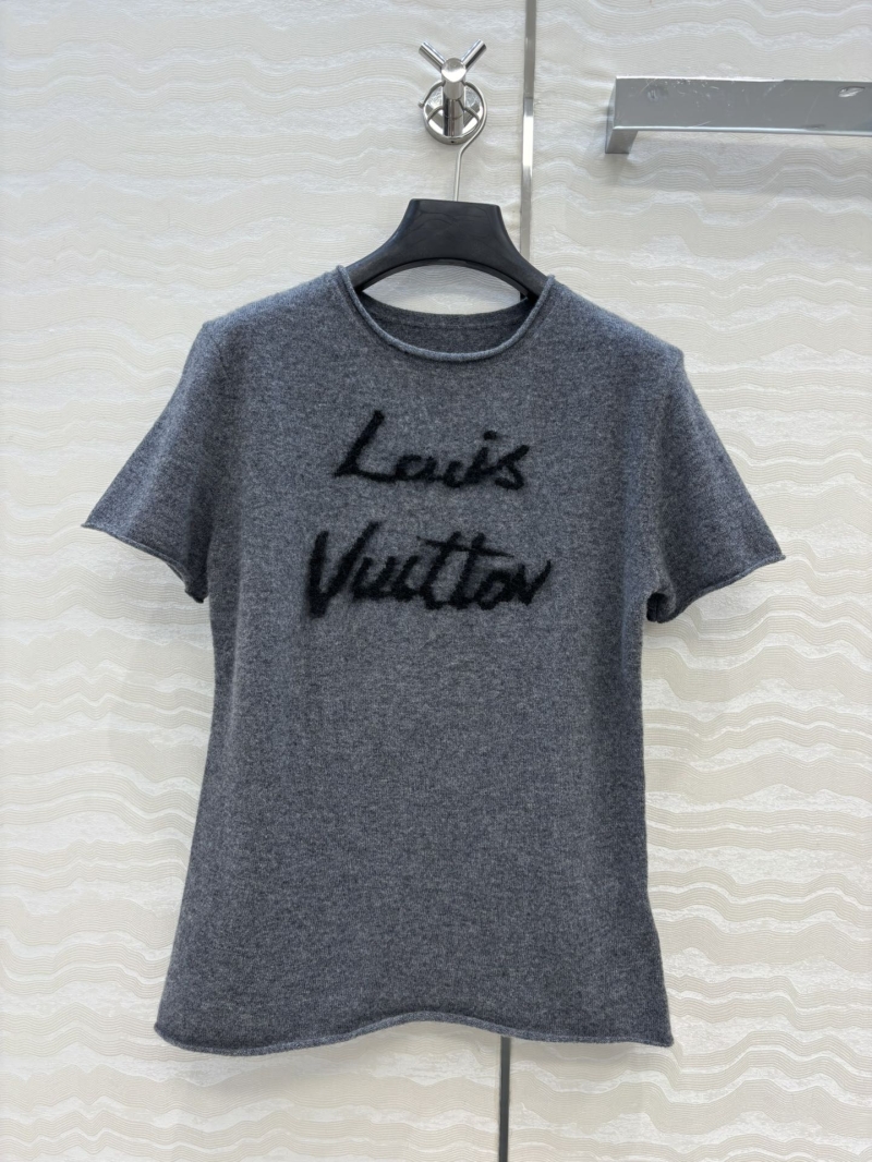 Louis Vuitton Gray Short-Sleeve Cashmere Blend Sweater with Embroidered Monogram