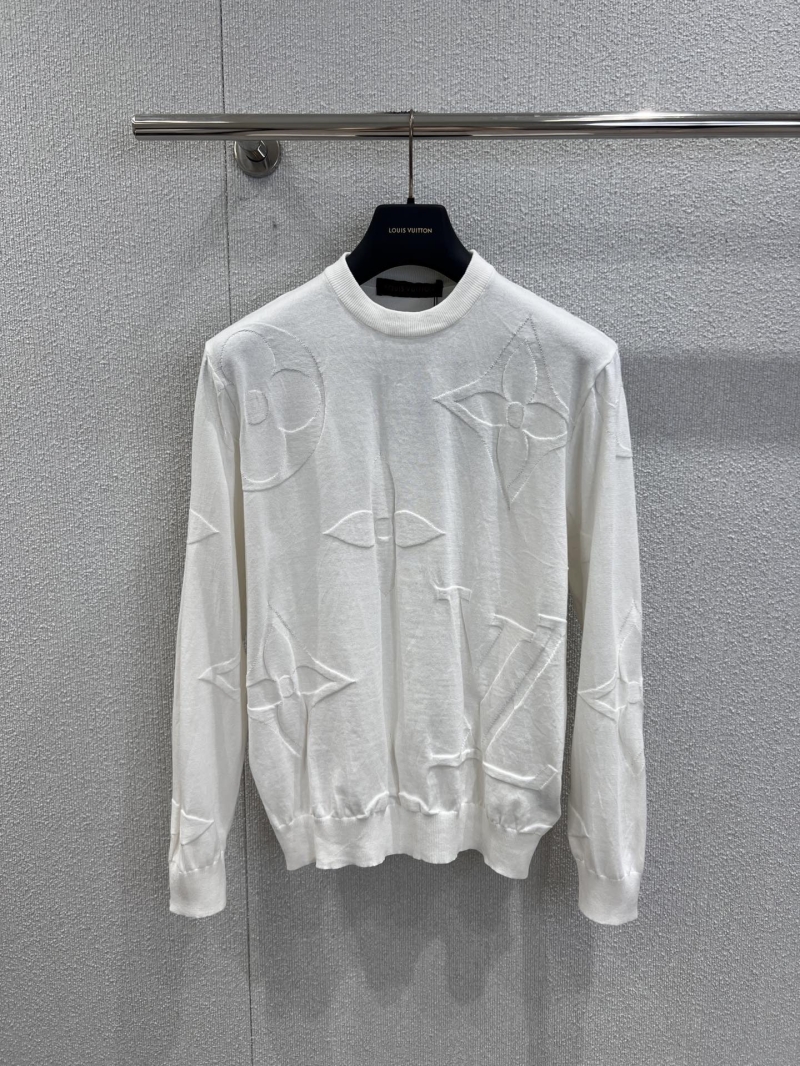 Louis Vuitton White Monogram Intarsia Knit Sweater | Tone-on-Tone Embossed Pattern | Ribbed Cuffs & Hem