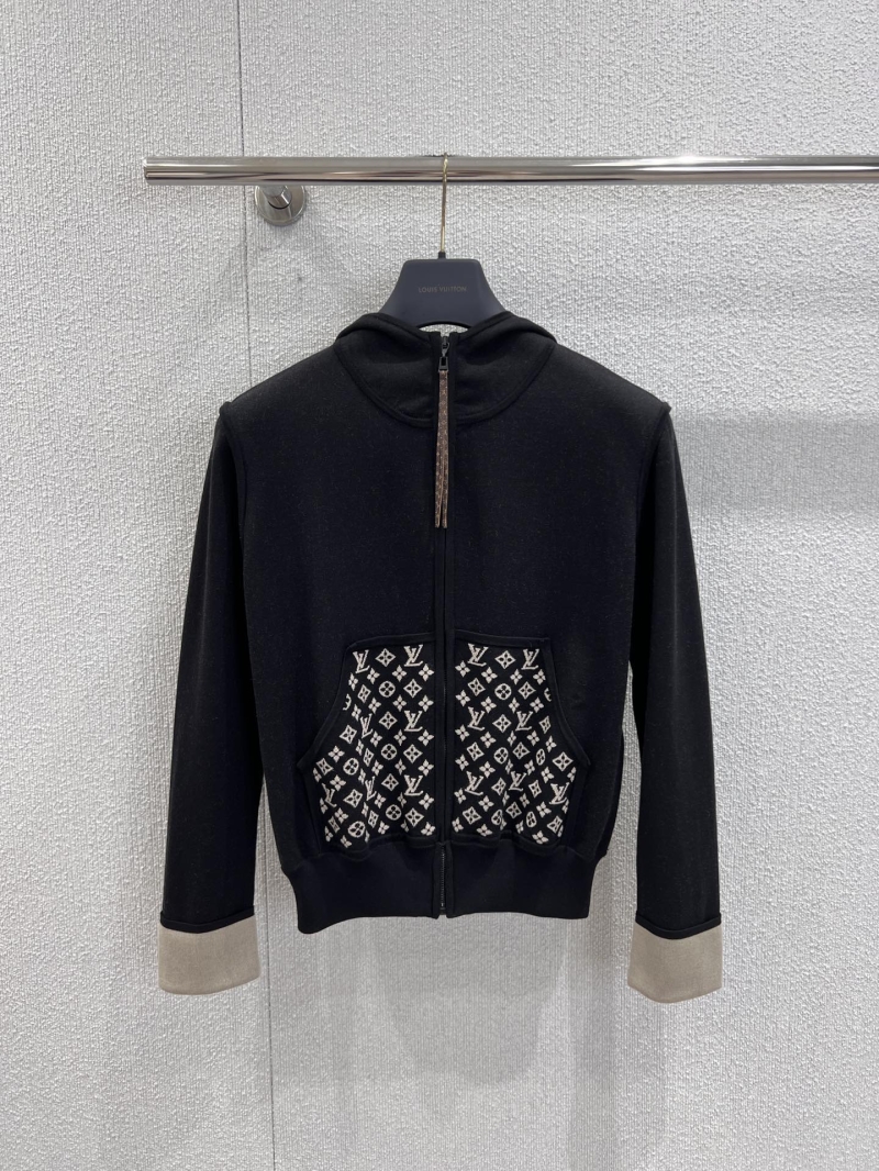 Louis Vuitton Flight Mode Jacquard Wool Hooded Jacket - Black Monogram, Zip-Up Design, Ribbed Cuffs