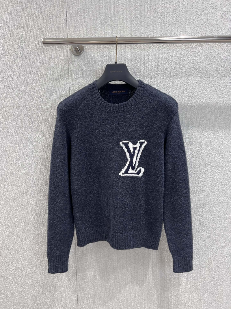 Louis Vuitton Men's Wool-Blend Logo Intarsia Knit Sweater | Deep Navy, Relaxed Fit, Dropped Shoulder, Crew Neck