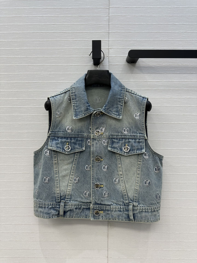 Louis Vuitton Ski Collection Denim Vest – Monogram Coin Bead Embroidered Cropped Jacket