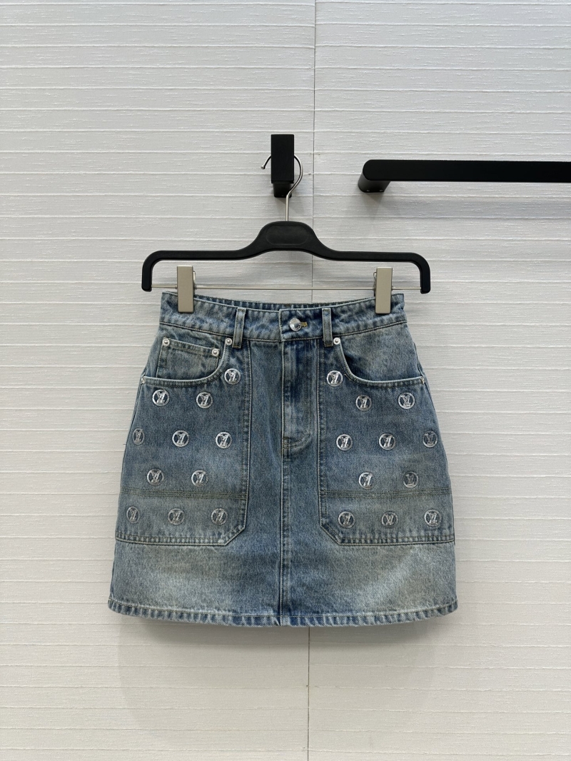 Louis Vuitton Ski Collection Vintage Denim Mini Skirt with Embroidered Monogram Coin Logos and Custom Metal Hardware
