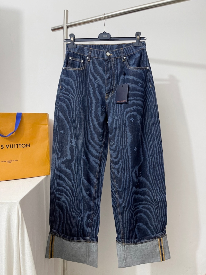 Louis Vuitton Denim Jeans, Indigo Moiré Pattern, Wide-Leg Cropped Fit, Artisan Detailing, Limited Edition Luxury