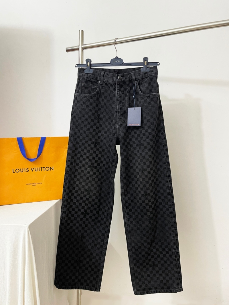 Louis Vuitton Limited Edition Flocked Damier High-Waisted Wide-Leg Jeans in Black - Monogram Checkerboard Pattern, Tailored Fit, Luxury Denim