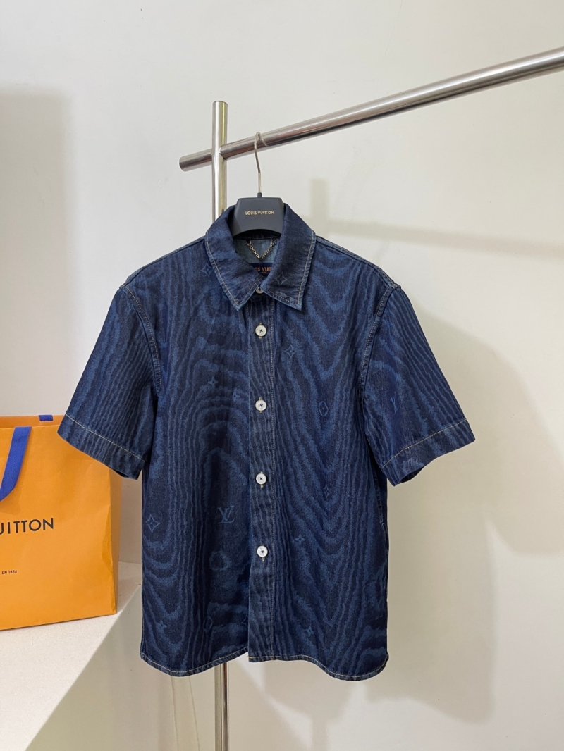 Louis Vuitton Short-Sleeve Denim Shirt in Deep Indigo Blue, Featuring Signature Monogram Print and Contrast Stitching