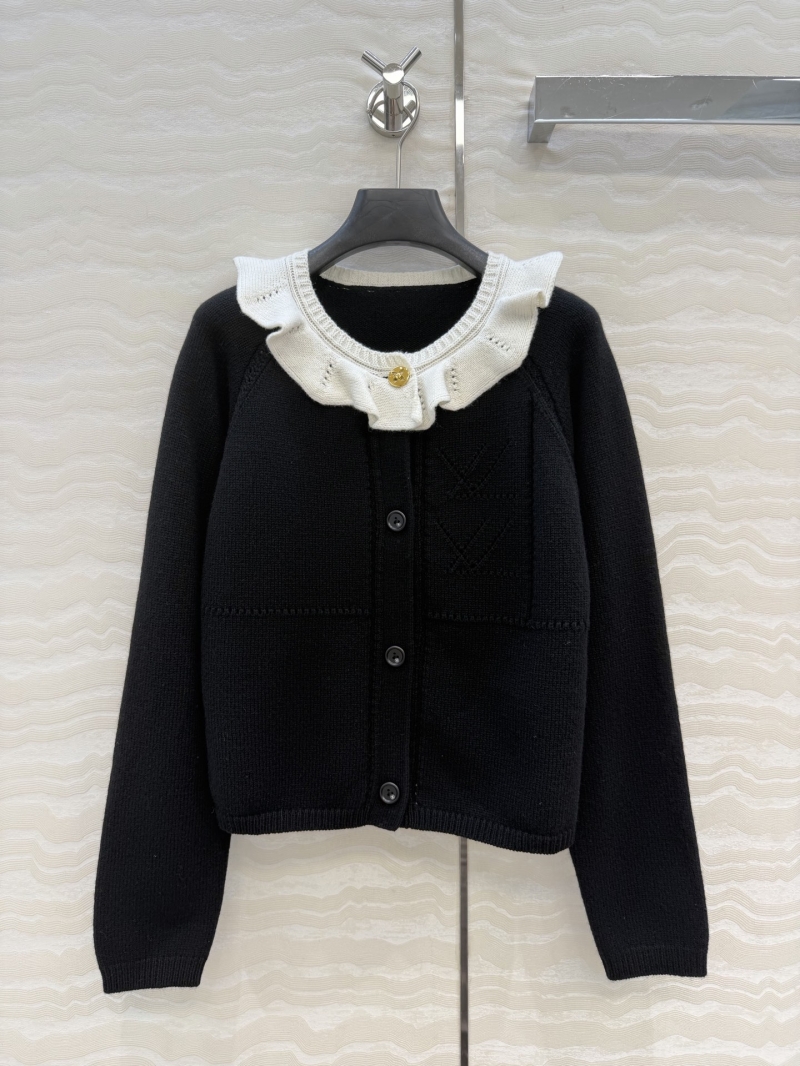 Louis Vuitton Black Imported Wool Jacquard Cardigan with Contrast Ruffled Collar