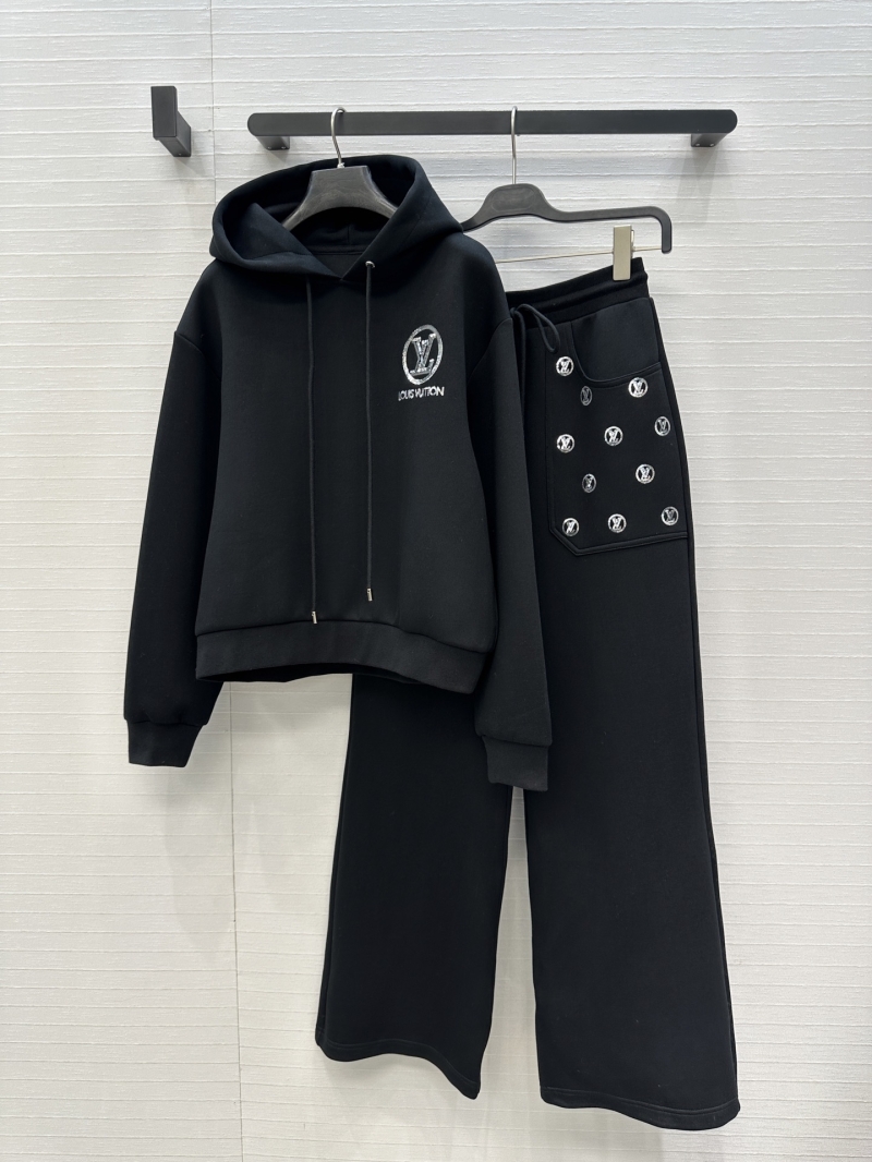Louis Vuitton Black Custom Space Cotton Cropped Hoodie and Trousers Set with Opulent Monogram Sequin Embroidery