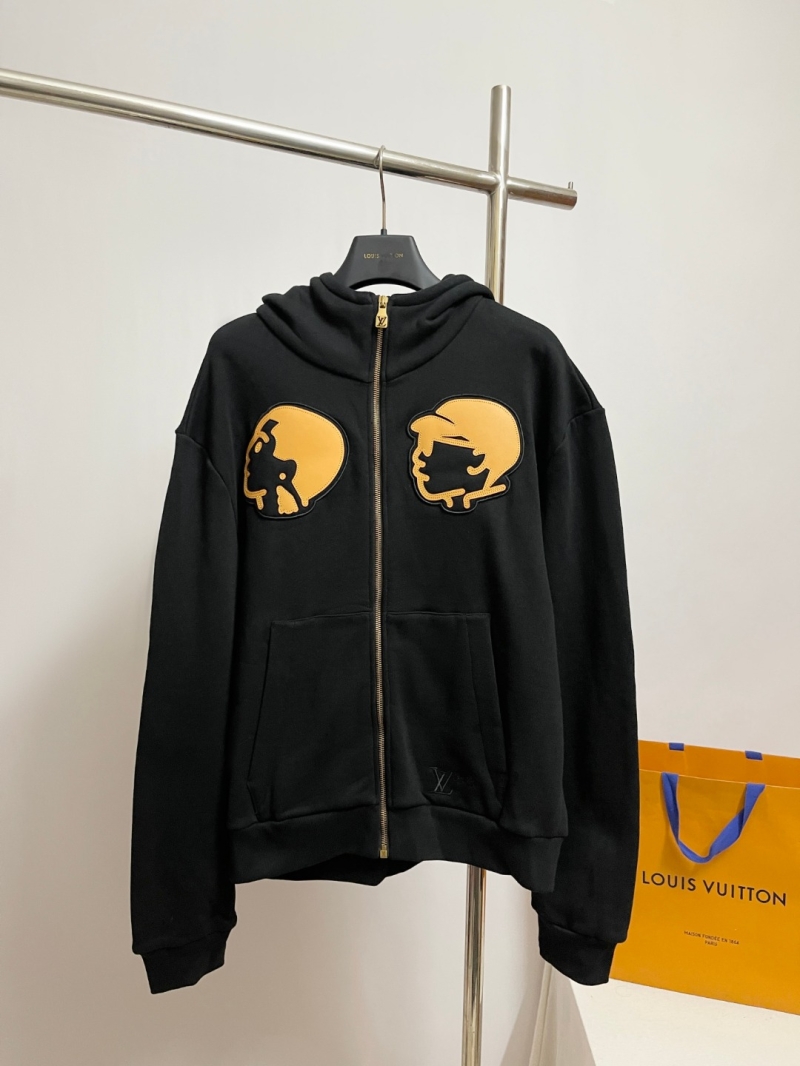 Louis Vuitton Signature Balaclava Hoodie Jacket | 2025 Runway Edition Black Cotton with Ochre Portrait Leather Appliqué