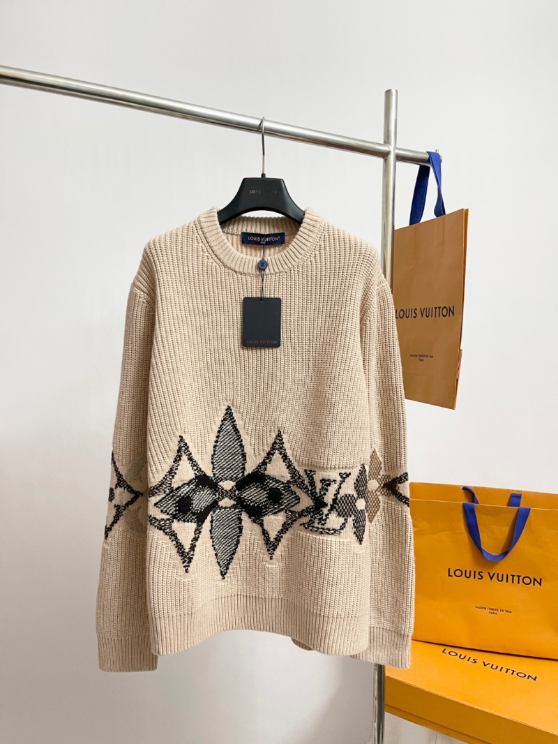 Louis Vuitton Exquisite Sand/Black Monogram Jacquard Sweater | Luxurious Sheep Wool Ribbed Knit Pullover
