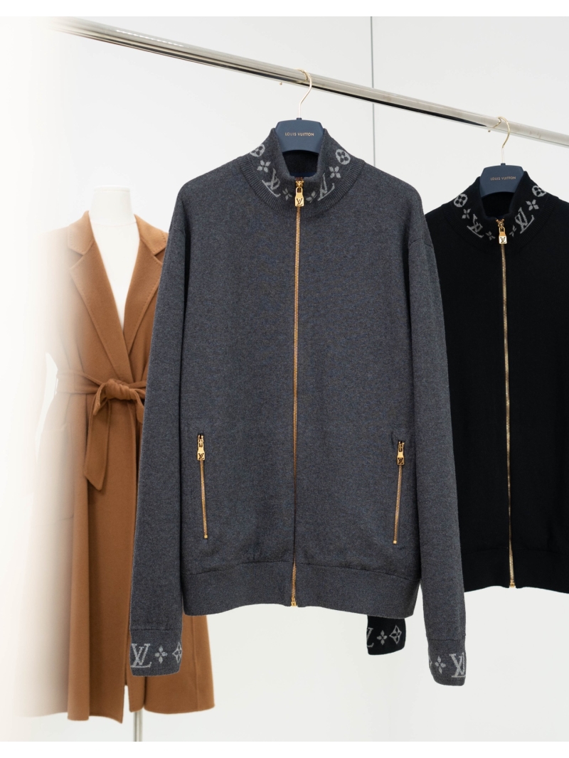 Louis Vuitton Monogram Detail Knit Zip-Up Jacket in Charcoal Gray - 50% Wool Blend