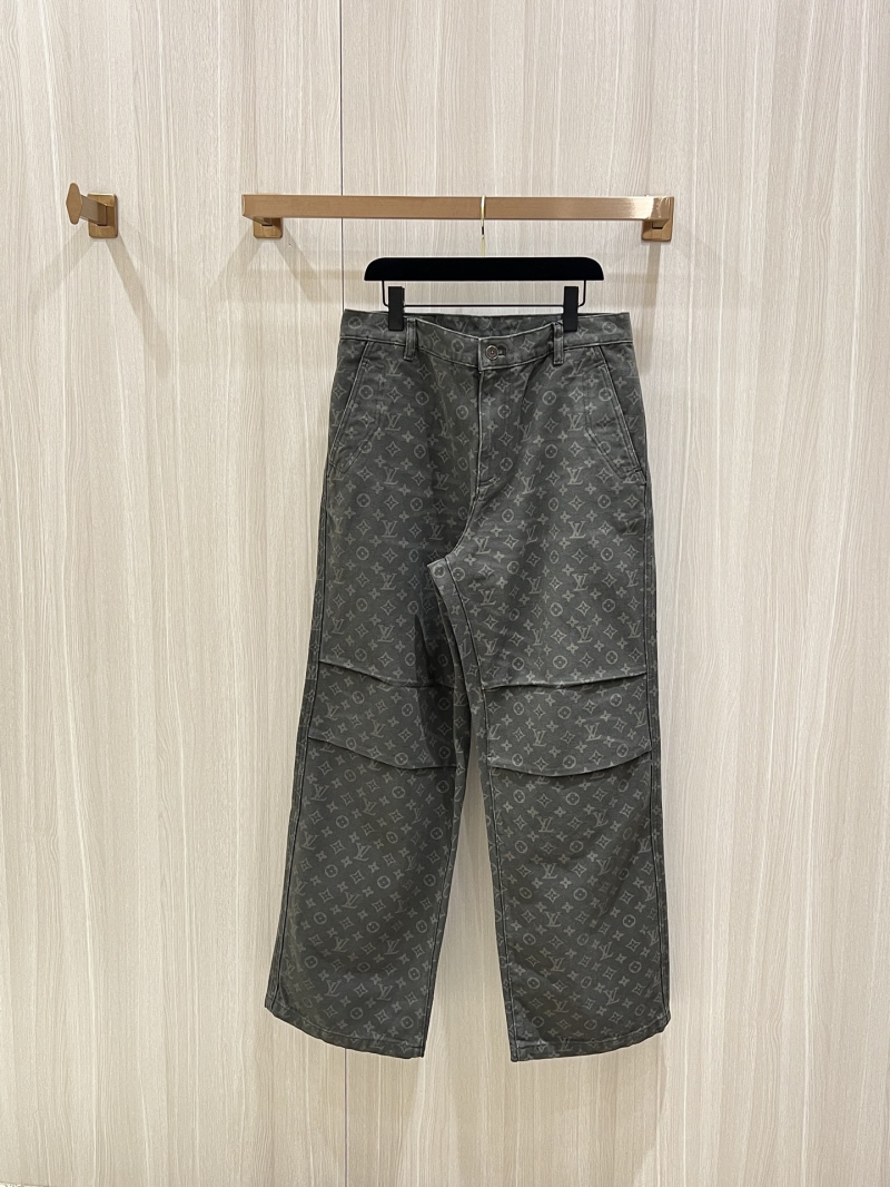Louis Vuitton Monogram Jacquard Carpenter Denim Pants in Washed Charcoal Grey - Heavyweight Stone-Washed Cotton, Double-Knee Utility Detail, Relaxed Fit