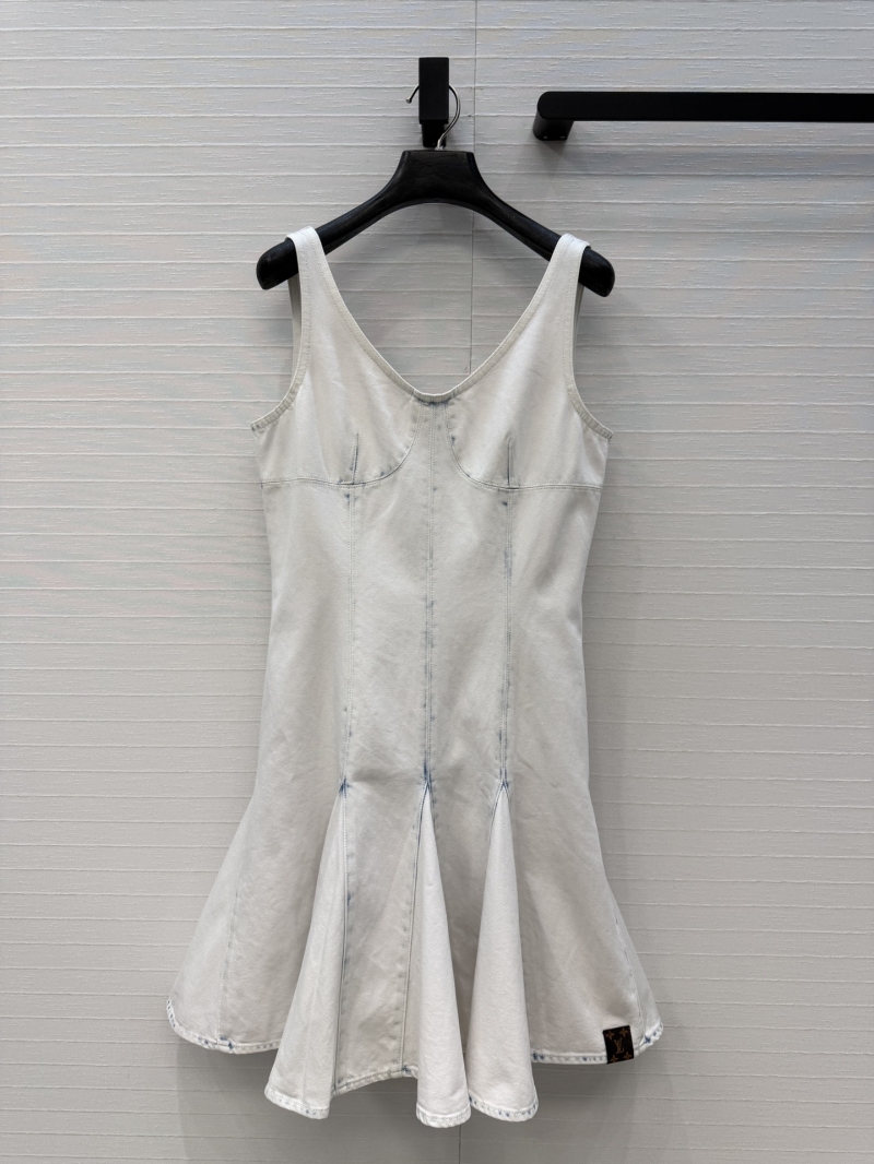 Louis Vuitton Premium Contrast Bleached Denim Pleated V-Neck Mini Dress
