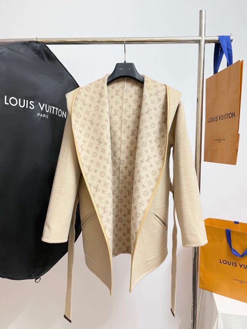 Louis Vuitton Monogram Lined Hooded Wrap Coat in Cream Beige Wool Blend