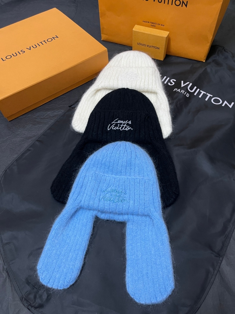 Louis Vuitton Sumptuous Mohair and Wool Blend Ribbed Winter Beanie and Balaclava Collection in Ivory, Black, and Sky Blue