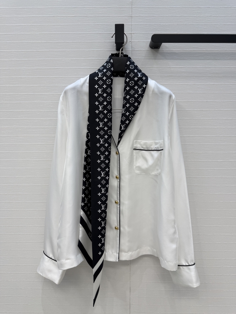 Louis Vuitton 100% Silk Twill Monogram Print Ribbon Blouse in White