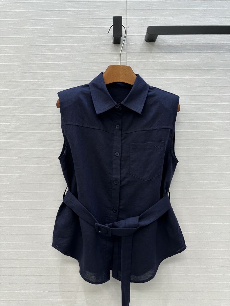 Loewe Spring/Summer Deep Blue Dopamine Cotton-Linen Tie-Waist Sleeveless Shirt - Luxe Casual Elegance