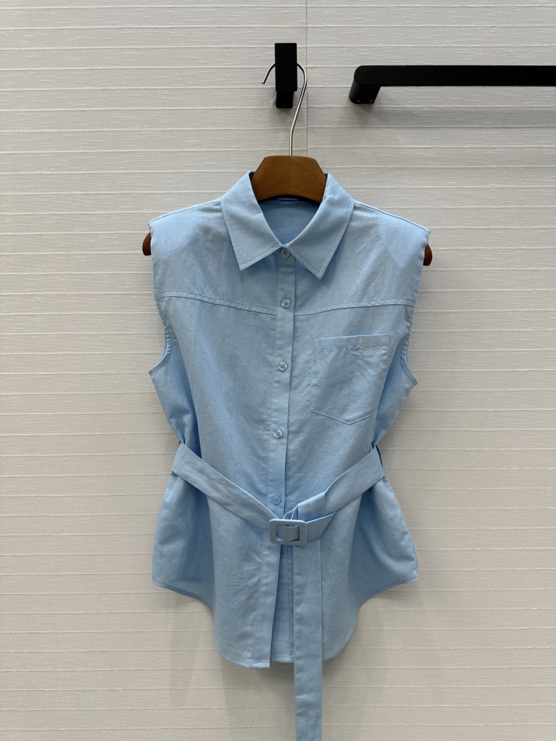 Loewe Spring/Summer 25 Light Blue Cotton-Linen Tie-Waist Sleeveless Shirt - Luxe Casual Elegance