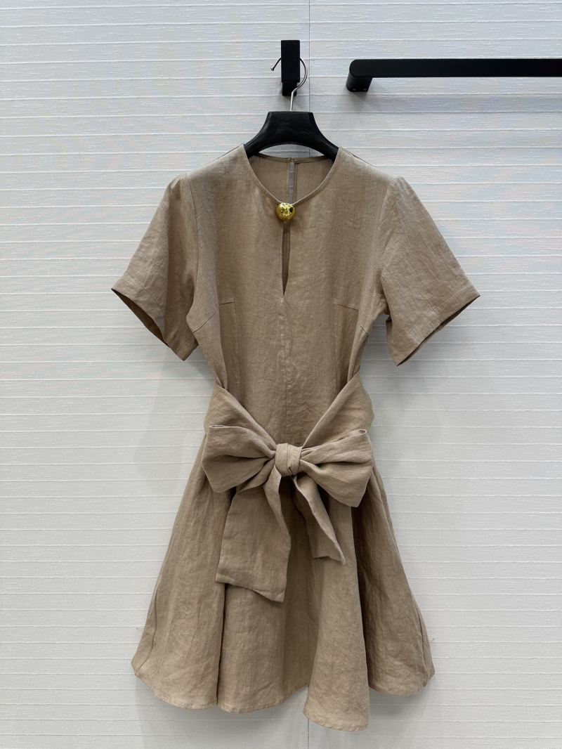 Loewe Paulas Series French Linen Short-Sleeve Dress in Khaki - Elegant & Versatile