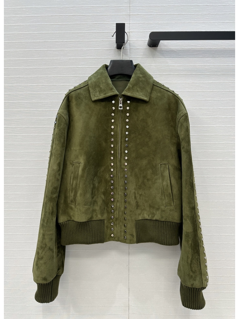 Loewe Exclusive Custom Suede Moto Jacket with Studded Details in Olive