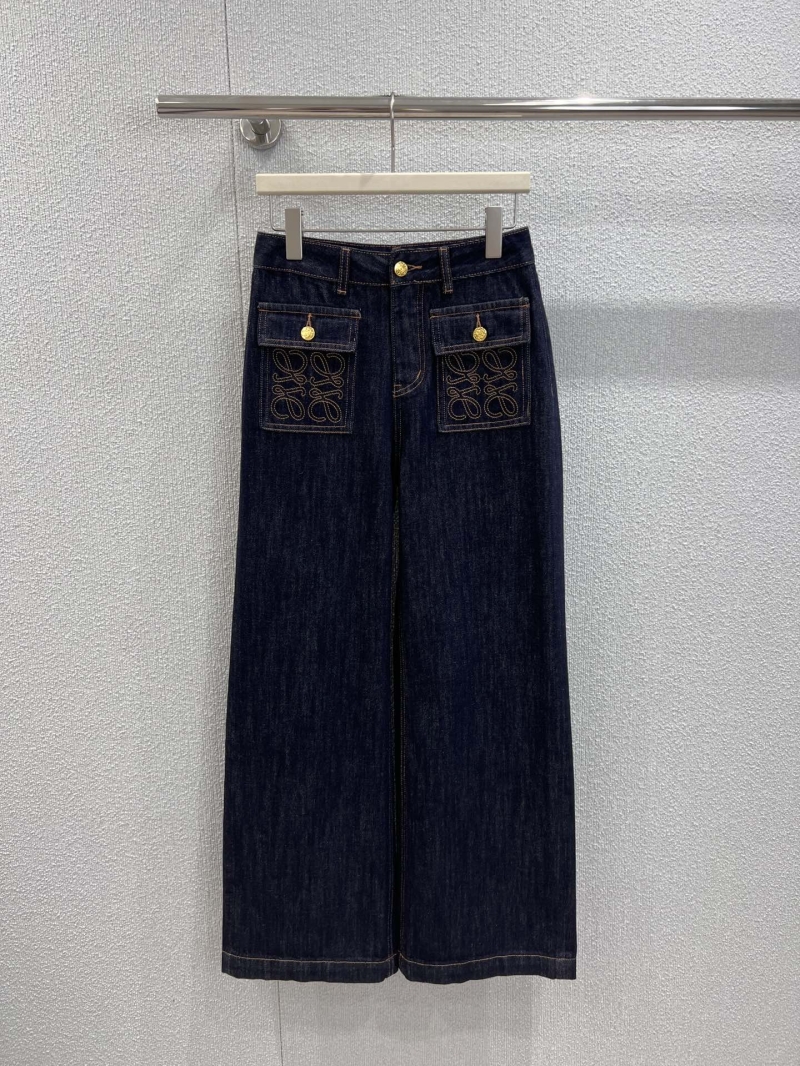 Loewe 25FW Early Autumn Embroidered Denim Pants - Dark Blue | Luxe Twill Cotton, High Waist, Wide Leg