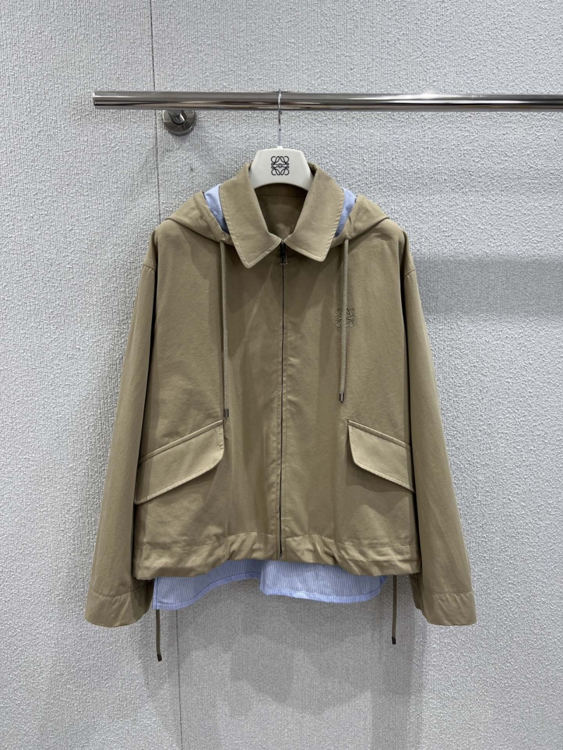 Loewe Exclusive Khaki Hooded Trench Coat with Light Blue Lining - Two-Way Wear Design