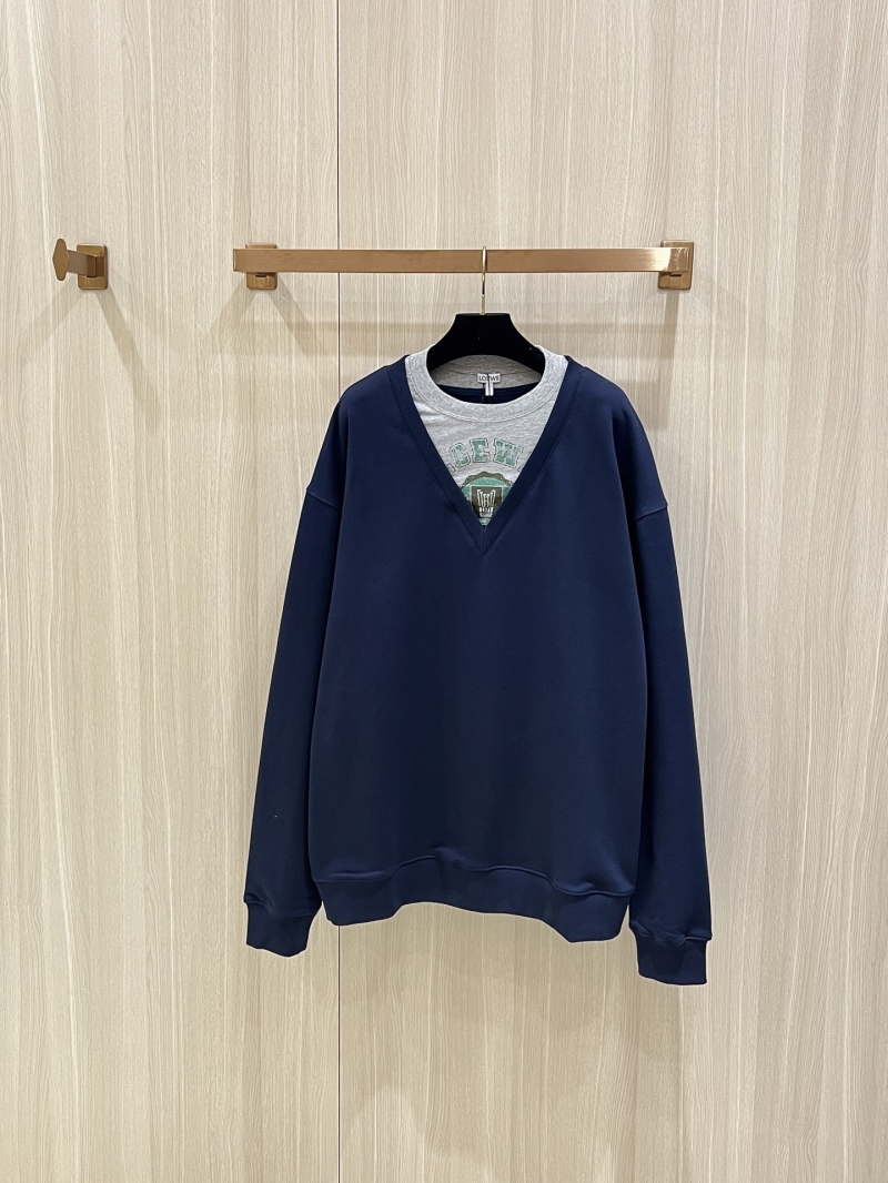 Loewe Navy Blue V-Neck Logo Print Sweatshirt with Gray T-Shirt Insert