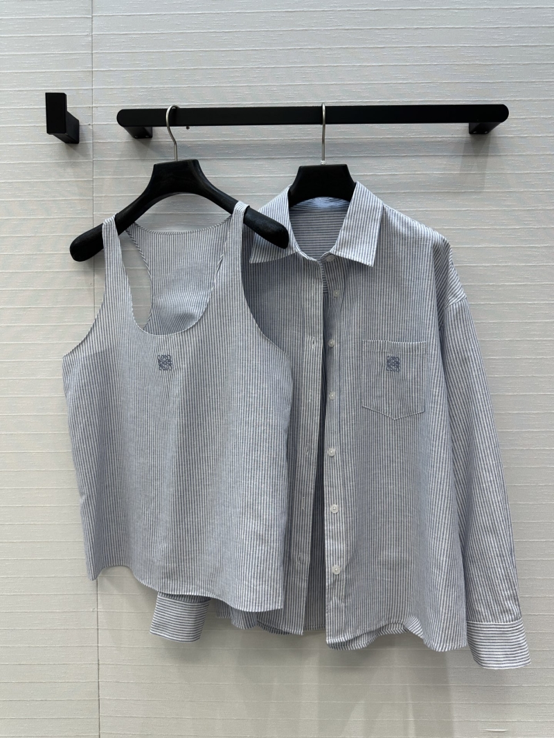 Loewe Embroidered Badge Striped Linen-Blend Two-Piece Set: Drop-Shoulder Shirt & U-Neck Vest