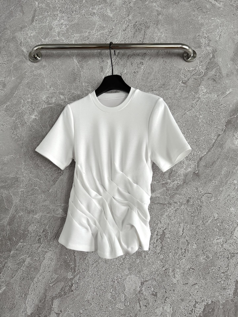 Loewe Women's Handcrafted Ruched T-Shirt, White — Exquisite Artisan Design with Asymmetrical Pleats for a Sculpted Silhouette, Luxe Cotton Blend, Tailored Fit