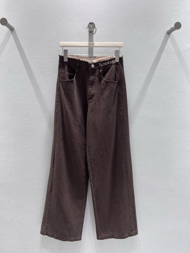 LOEWE Wide-Leg High-Rise Denim Pants in Dark Chocolate Brown – Embroidered Logo, Frayed Waistband, Modern Fit