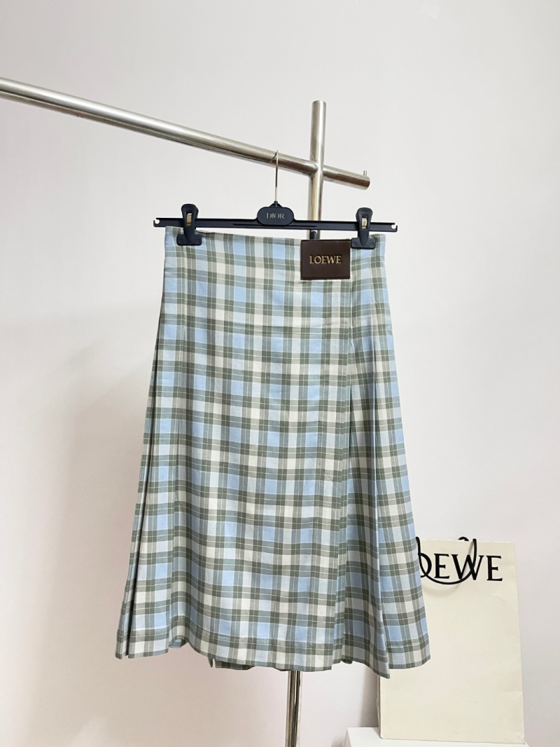 Loewe Pleated Plaid Skirt - Light Blue, Sage Green, Off-White - Artisan Tailored, Elevated A-Line Silhouette