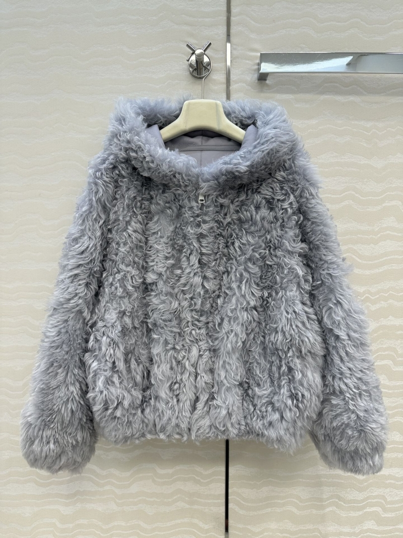 Loewe Exquisite Tuscan Lamb Fur Coat with Hood in Natural Gray - Hand-Finished Leather Trim, Luxurious Winter Wear