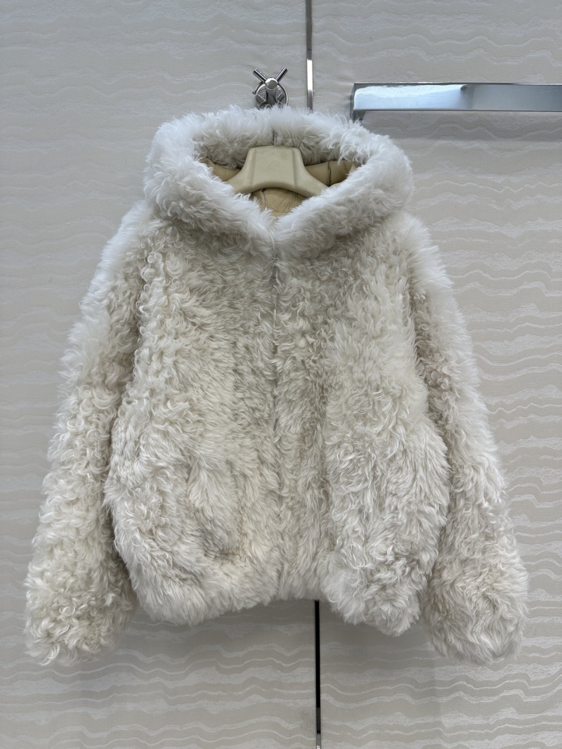 Loewe Toscana Lamb Fur Hooded Coat in Off-White | Artisanal Leather Trim, Korean Style
