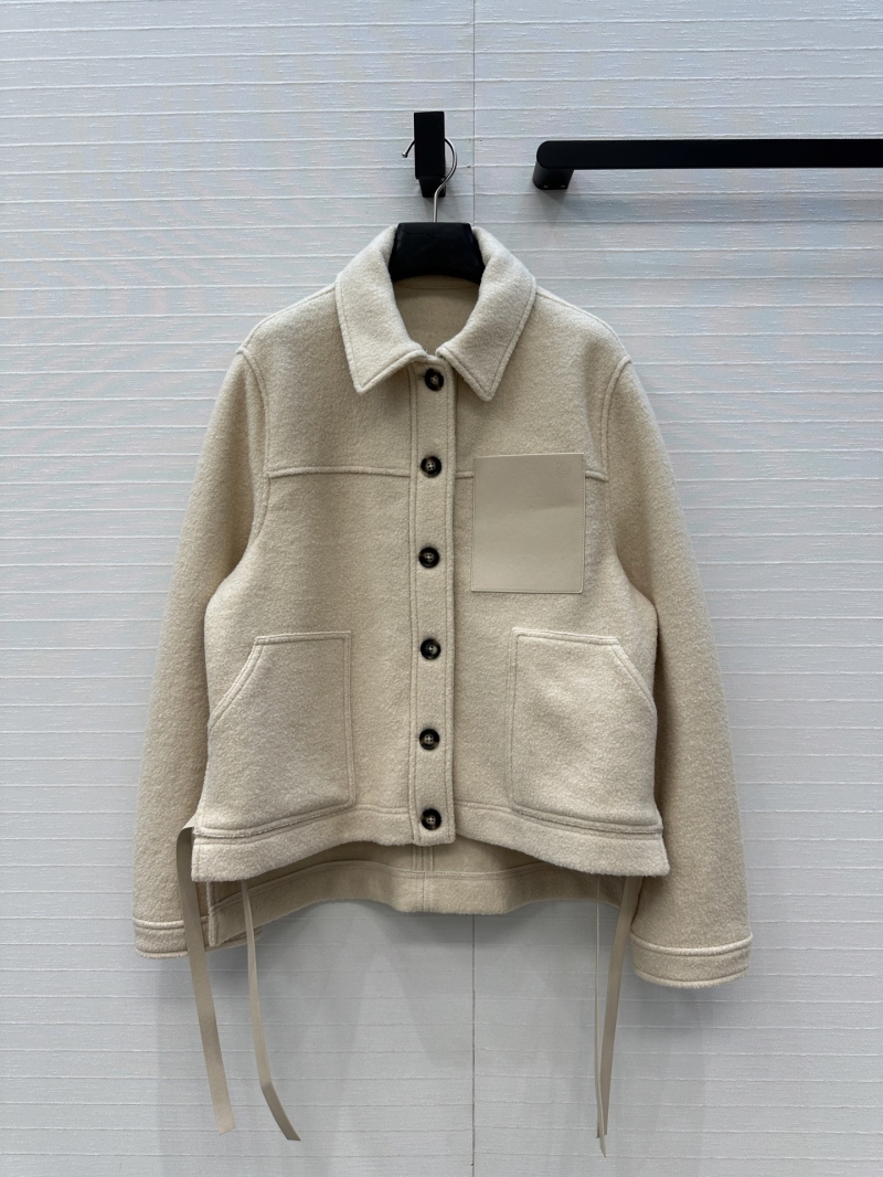 Loewe Wool-Blend Utility Jacket in Beige | Tailored H-Line Silhouette with Leather Accents