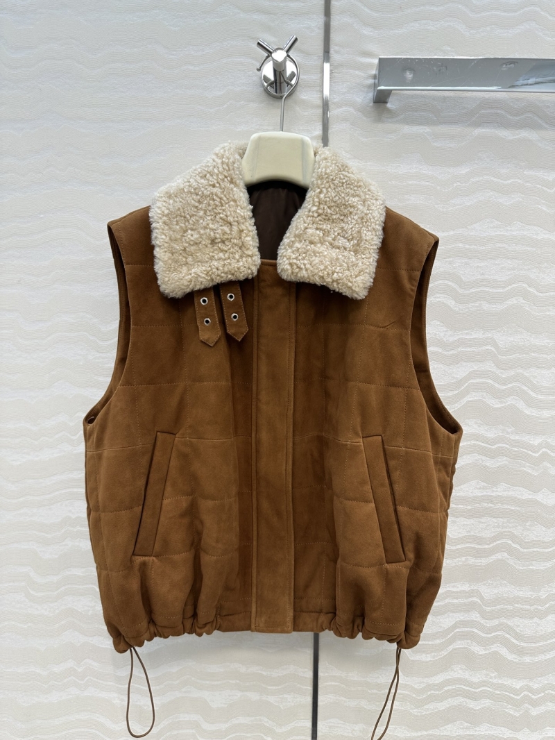 Loewe Vintage Suede Vest with Shearling Collar – Oversized Quilted Alpaca-Blend Insulation, Detachable Lamb Fur Collar, Drawstring Hem