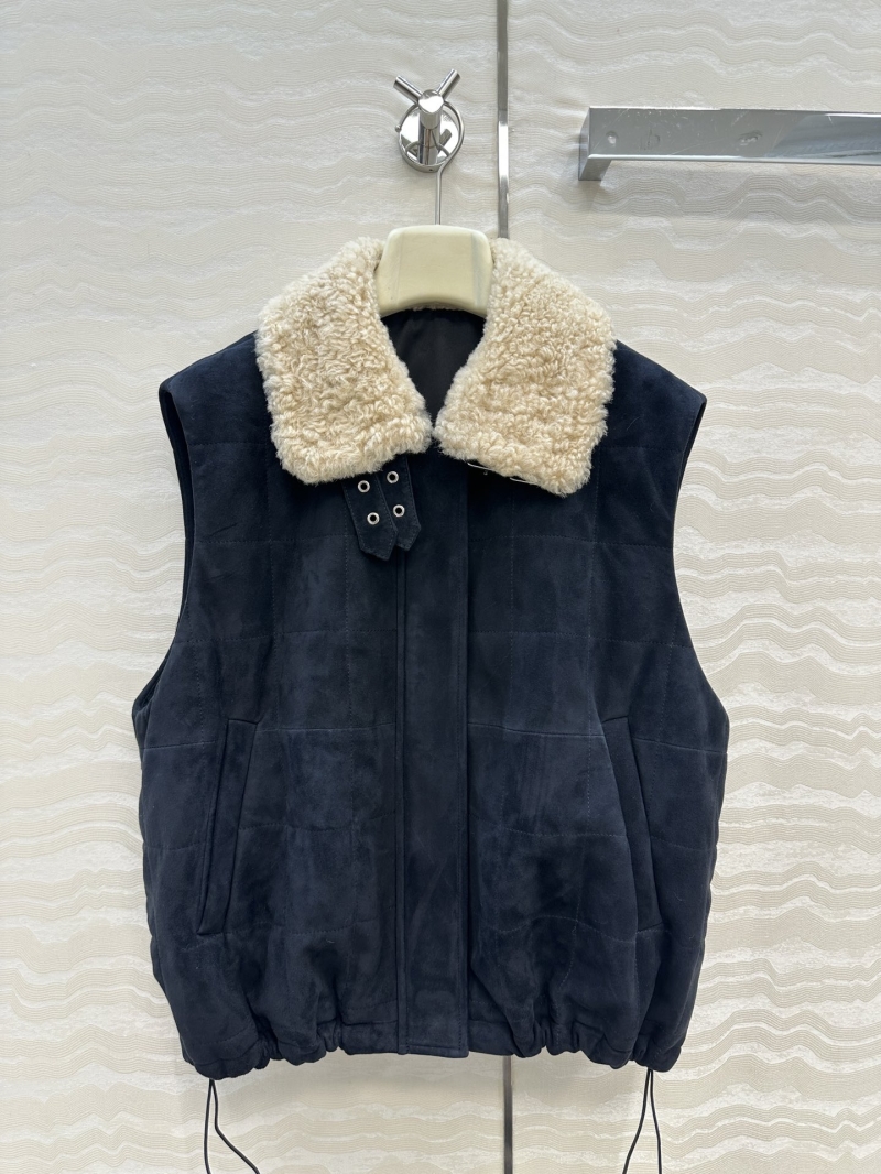Loewe Vintage Suede Quilted Vest with Detachable Fur Collar