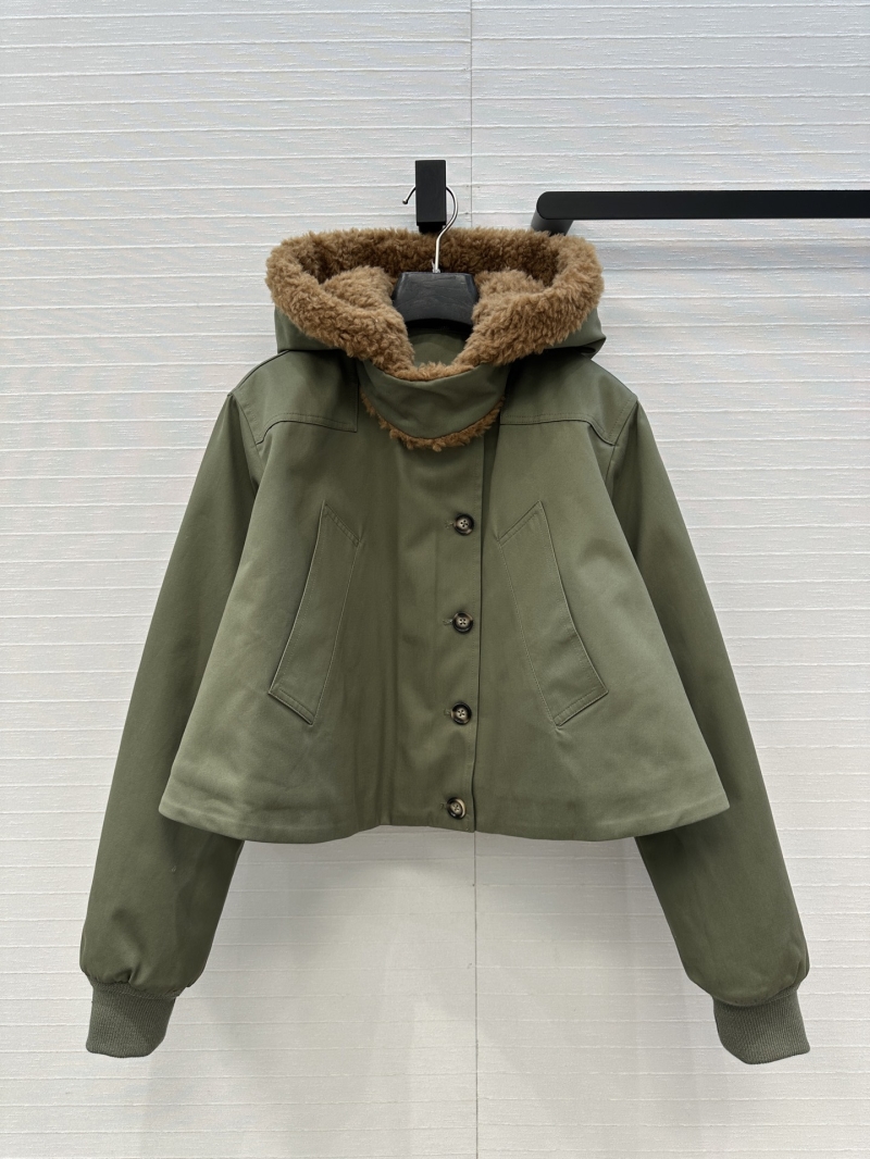 Loewe Army Green Wool-Blend Short Parka Jacket | Detachable Hood, A-Line Silhouette